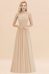 Long V-neck Sleeveless Chiffon A-line Champagne Bridesmaid Dress