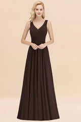 Long V-neck Sleeveless Chiffon A-line Chocolate Bridesmaid Dress