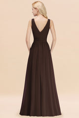 Long V-neck Sleeveless Chiffon A-line Chocolate Bridesmaid Dress