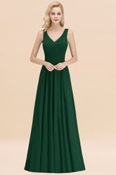 Long V-neck Sleeveless Chiffon A-line Dark Green Bridesmaid Dress