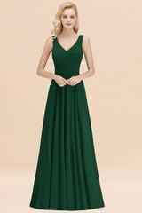Long V-neck Sleeveless Chiffon A-line Dark Green Bridesmaid Dress