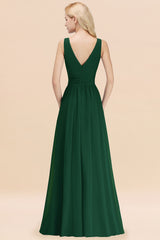 Long V-neck Sleeveless Chiffon A-line Dark Green Bridesmaid Dress