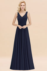 Long V-neck Sleeveless Chiffon A-line Dark Navy Bridesmaid Dress