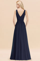 Long V-neck Sleeveless Chiffon A-line Dark Navy Bridesmaid Dress