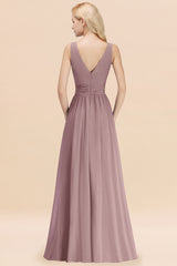 Long V-neck Sleeveless Chiffon A-line Dusk Bridesmaid Dress