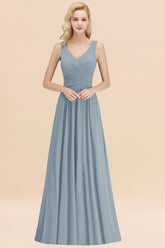 Long V-neck Sleeveless Chiffon A-line Dusty Blue Bridesmaid Dress