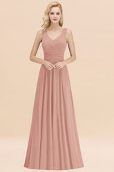 Long V-neck Sleeveless Chiffon A-line Dusty Rose Bridesmaid Dress