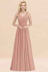 Long V-neck Sleeveless Chiffon A-line Dusty Rose Bridesmaid Dress