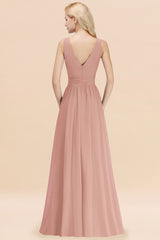 Long V-neck Sleeveless Chiffon A-line Dusty Rose Bridesmaid Dress