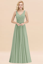 Long V-neck Sleeveless Chiffon A-line Dusty Sage Bridesmaid Dress