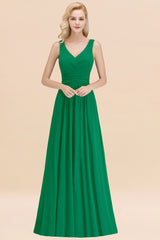 Long V-neck Sleeveless Chiffon A-line Emerald Bridesmaid Dress