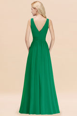 Long V-neck Sleeveless Chiffon A-line Emerald Bridesmaid Dress