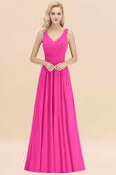 Long V-neck Sleeveless Chiffon A-line Fuchsia Bridesmaid Dress