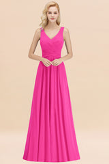 Long V-neck Sleeveless Chiffon A-line Fuchsia Bridesmaid Dress