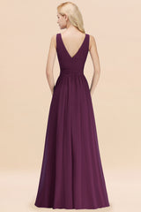 Long V-neck Sleeveless Chiffon A-line Grape Bridesmaid Dress