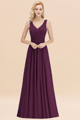Long V-neck Sleeveless Chiffon A-line Grape Bridesmaid Dress