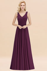 Long V-neck Sleeveless Chiffon A-line Grape Bridesmaid Dress