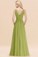 Long V-neck Sleeveless Chiffon A-line Green Bridesmaid Dress