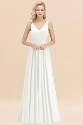 Long V-neck Sleeveless Chiffon A-line Ivory Bridesmaid Dress