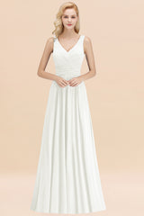 Long V-neck Sleeveless Chiffon A-line Ivory Bridesmaid Dress