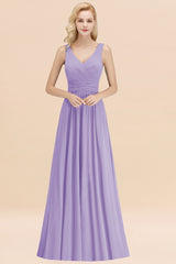 Long V-neck Sleeveless Chiffon A-line Lilac Bridesmaid Dress
