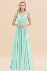 Long V-neck Sleeveless Chiffon A-line Mint Green Bridesmaid Dress