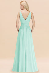 Long V-neck Sleeveless Chiffon A-line Mint Green Bridesmaid Dress