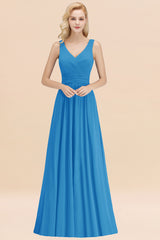 Long V-neck Sleeveless Chiffon A-line Ocean Blue Bridesmaid Dress