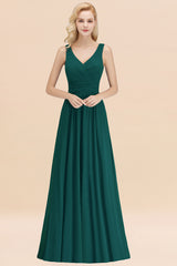 Long V-neck Sleeveless Chiffon A-line Peacock Bridesmaid Dress