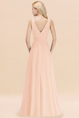 Long V-neck Sleeveless Chiffon A-line Pearl Pink Bridesmaid Dress