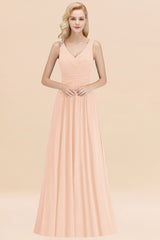 Long V-neck Sleeveless Chiffon A-line Pearl Pink Bridesmaid Dress