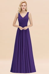 Long V-neck Sleeveless Chiffon A-line Regency Bridesmaid Dress