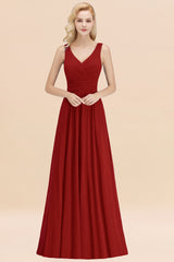 Long V-neck Sleeveless Chiffon A-line Rust Bridesmaid Dress
