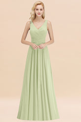 Long V-neck Sleeveless Chiffon A-line Sage Bridesmaid Dress