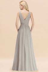 Long V-neck Sleeveless Chiffon A-line Silver Bridesmaid Dress