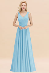 Long V-neck Sleeveless Chiffon A-line Sky Blue Bridesmaid Dress