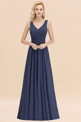 Long V-neck Sleeveless Chiffon A-line Stormy Bridesmaid Dress