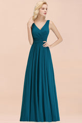 Long V-neck Sleeveless Chiffon A-line Straps Floor Length Ink Blue Bridesmaid Dress