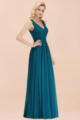 Long V-neck Sleeveless Chiffon A-line Straps Floor Length Ink Blue Bridesmaid Dress