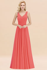 Long V-neck Sleeveless Chiffon A-line Watermelon Bridesmaid Dress