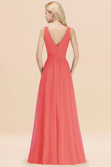 Long V-neck Sleeveless Chiffon A-line Watermelon Bridesmaid Dress