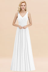 Long V-neck Sleeveless Chiffon A-line White Bridesmaid Dress