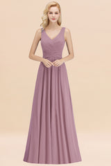 Long V-neck Sleeveless Chiffon A-line Wisteria Bridesmaid Dress