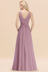Long V-neck Sleeveless Chiffon A-line Wisteria Bridesmaid Dress
