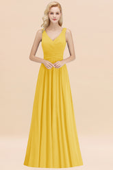 Long V-neck Sleeveless Chiffon A-line Yellow Bridesmaid Dress