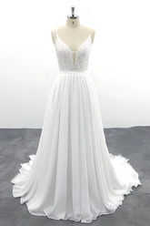 Long V-neck Spaghetti Strap Lace Chiffon A-line Wedding Dress
