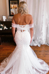 Plus Size Mermaid Off the Shoulder Sweetheart Tulle Lace Long Wedding Dress with Appliques