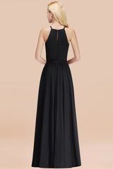 Modest Long A-line Halter Chiffon Bow Black Bridesmaid Dresses