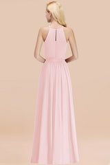 Modest Long A-line Halter Chiffon Bow Blushing Pink Bridesmaid Dresses