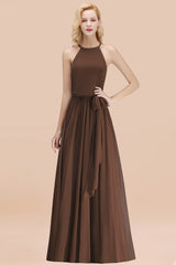 Modest Long A-line Halter Chiffon Bow Brown Bridesmaid Dresses